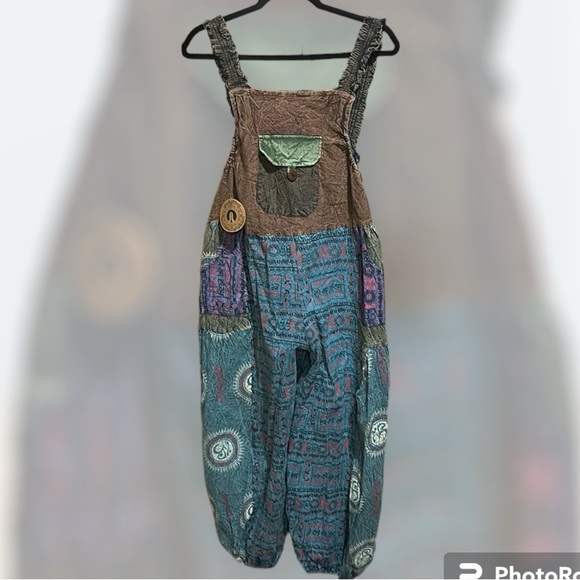 Kala Imports Patchwork Hippy Jumpsuit / Overalls Handmade in Nepal One Size NEW - Picture 2 of 12